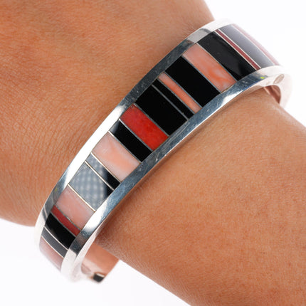 6.4" Ray Tracey Knifewing red/pink Coral Black Jade inlay cuff bracelet
