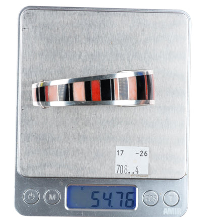 6.4" Ray Tracey Knifewing red/pink Coral Black Jade inlay cuff bracelet