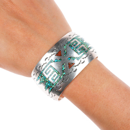 6.5" J Navajo vintage sterling silver turquoise chip inlay cuff bracelet