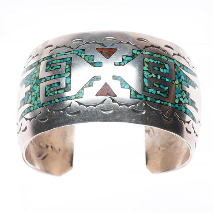 6.5" J Navajo vintage sterling silver turquoise chip inlay cuff bracelet