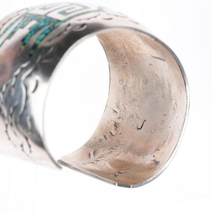 6.5" J Navajo vintage sterling silver turquoise chip inlay cuff bracelet