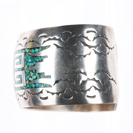 6.5" J Navajo vintage sterling silver turquoise chip inlay cuff bracelet