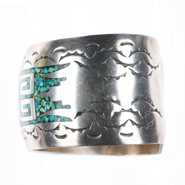 6.5" J Navajo vintage sterling silver turquoise chip inlay cuff bracelet