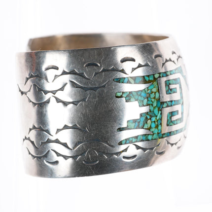 6.5" J Navajo vintage sterling silver turquoise chip inlay cuff bracelet