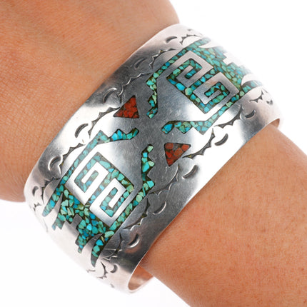 6.5" J Navajo vintage sterling silver turquoise chip inlay cuff bracelet