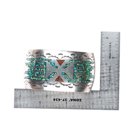 6.5" J Navajo vintage sterling silver turquoise chip inlay cuff bracelet