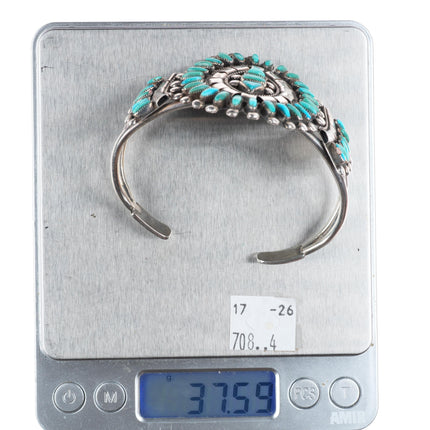 7.1" Vintage BE Zuni sterling silver needlepoint turquoise cuff bracelet
