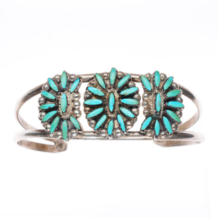 6" vintage Zuni sterling silver needlepoint turquoise cluster cuff bracelet