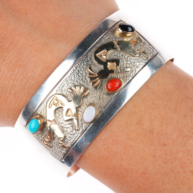 6" Wilber Yazzie Navajo sterling silver turquoise coral Kokopelli cuff bracelet