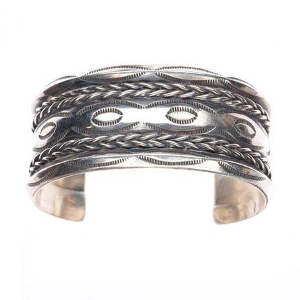 6.6" vintage Navajo deep stamped carinated woven sterling silver cuff bracelet