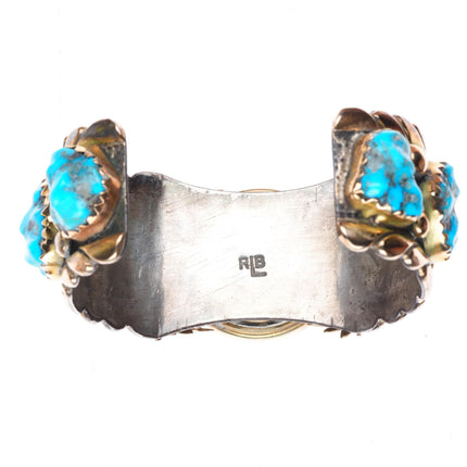 7.5" Robert-Bernice Leekya 14k gold-Sterling silver-turquoise watch cuff bracelet