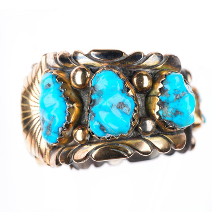 7.5" Robert-Bernice Leekya 14k gold-Sterling silver-turquoise watch cuff bracelet