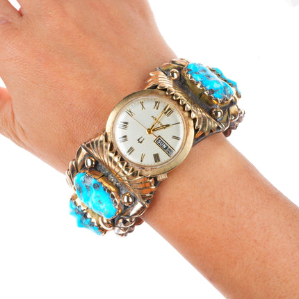 7.5" Robert-Bernice Leekya 14k gold-Sterling silver-turquoise watch cuff bracelet