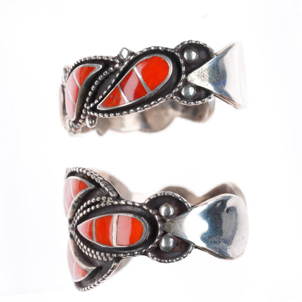 Lowsayatee Zuni sterling silver coral inlay necklace, cuff bracelets, rings set