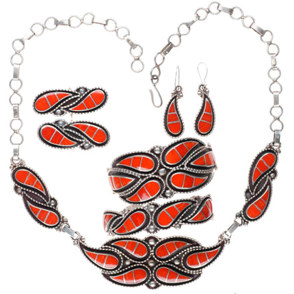Lowsayatee Zuni sterling silver coral inlay necklace, cuff bracelets, rings set