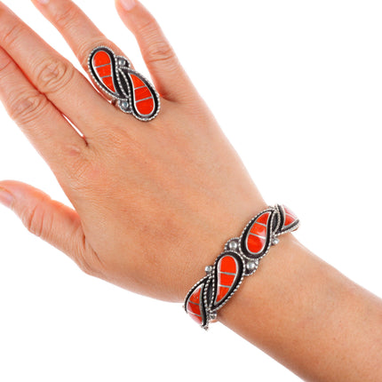 Lowsayatee Zuni sterling silver coral inlay necklace, cuff bracelets, rings set