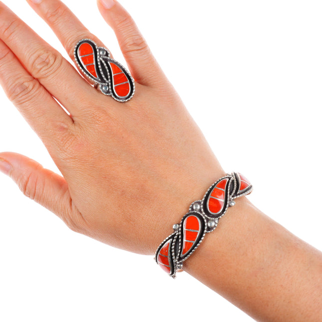 Lowsayatee Zuni sterling silver coral inlay necklace, cuff bracelets, rings set