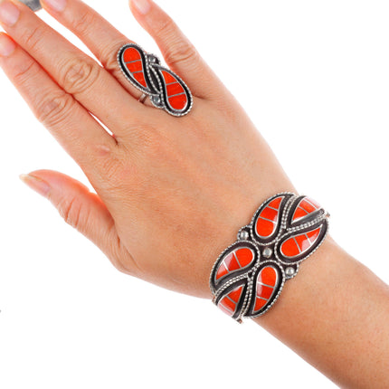 Lowsayatee Zuni sterling silver coral inlay necklace, cuff bracelets, rings set