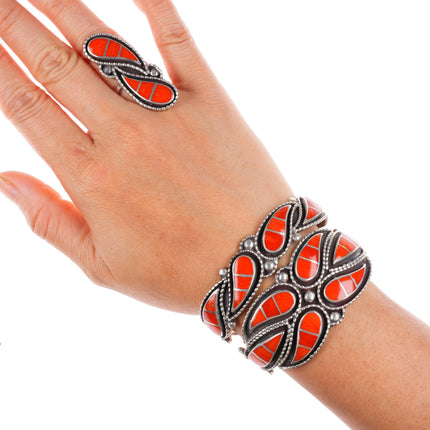 Lowsayatee Zuni sterling silver coral inlay necklace, cuff bracelets, rings set
