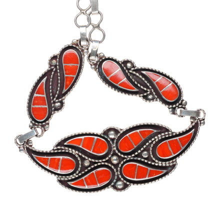Lowsayatee Zuni sterling silver coral inlay necklace, cuff bracelets, rings set