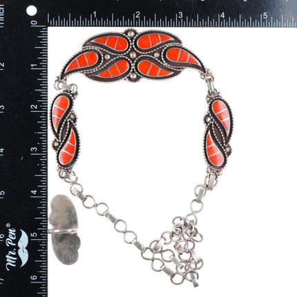 Lowsayatee Zuni sterling silver coral inlay necklace, cuff bracelets, rings set