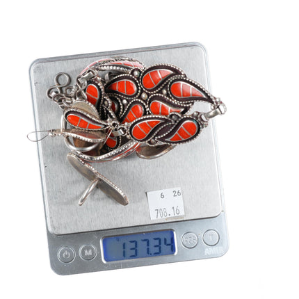 Lowsayatee Zuni sterling silver coral inlay necklace, cuff bracelets, rings set
