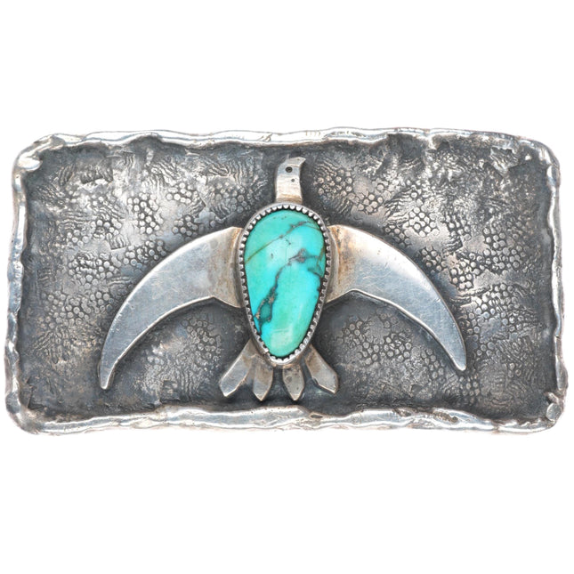 1.5" Chief Shatka Bear-Step sterling silver thunderbird belt buckle w/ turquoise