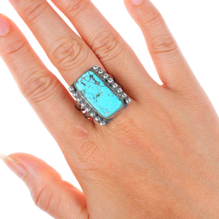 sz10 vintage Navajo sterling silver Kingman turquoise beaded edge ring