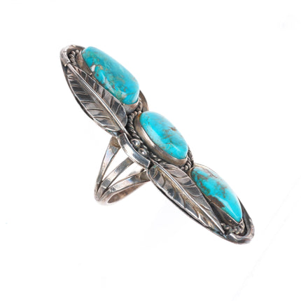 sz7.75 long vintage Navajo sterling silver 3 high grade turquoise stone ring