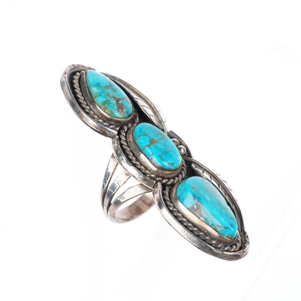 sz7.75 long vintage Navajo sterling silver 3 high grade turquoise stone ring