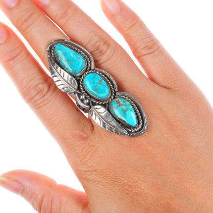 sz7.75 long vintage Navajo sterling silver 3 high grade turquoise stone ring