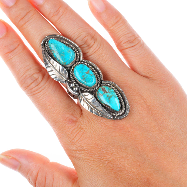 sz7.75 long vintage Navajo sterling silver 3 high grade turquoise stone ring