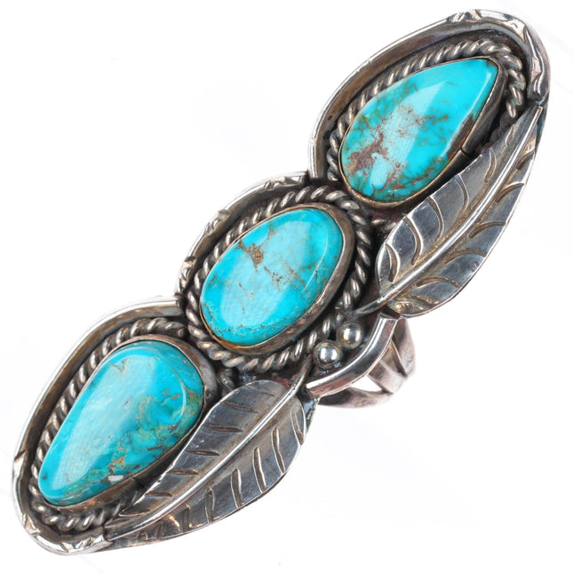 sz7.75 long vintage Navajo sterling silver 3 high grade turquoise stone ring