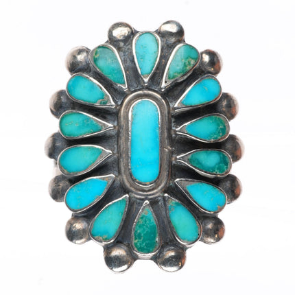 sz8 40's-50's Vintage Zuni sterling silver flush inlay turquoise cluster ring