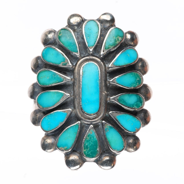 sz8 40's-50's Vintage Zuni sterling silver flush inlay turquoise cluster ring