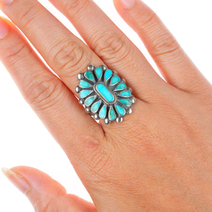 sz8 40's-50's Vintage Zuni sterling silver flush inlay turquoise cluster ring