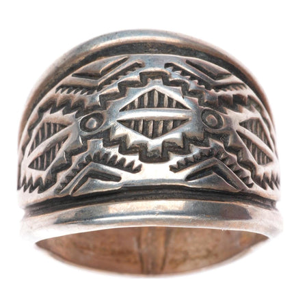 sz9 Troy Laner Navajo sterling silver hand stamped rug pattern ring