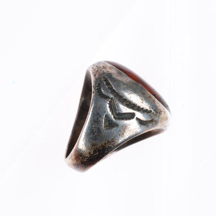 sz8.5 c1940's Navajo sterling silver petrified wood deep stamped sides ring