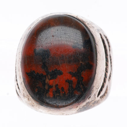 sz8.5 c1940's Navajo sterling silver petrified wood deep stamped sides ring
