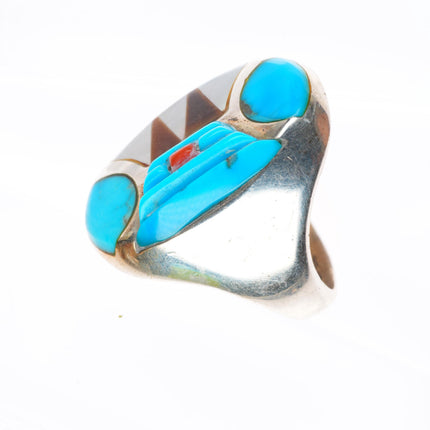 sz11 Big vintage Native American sterling silver cobblestone/intarsia inlay ring