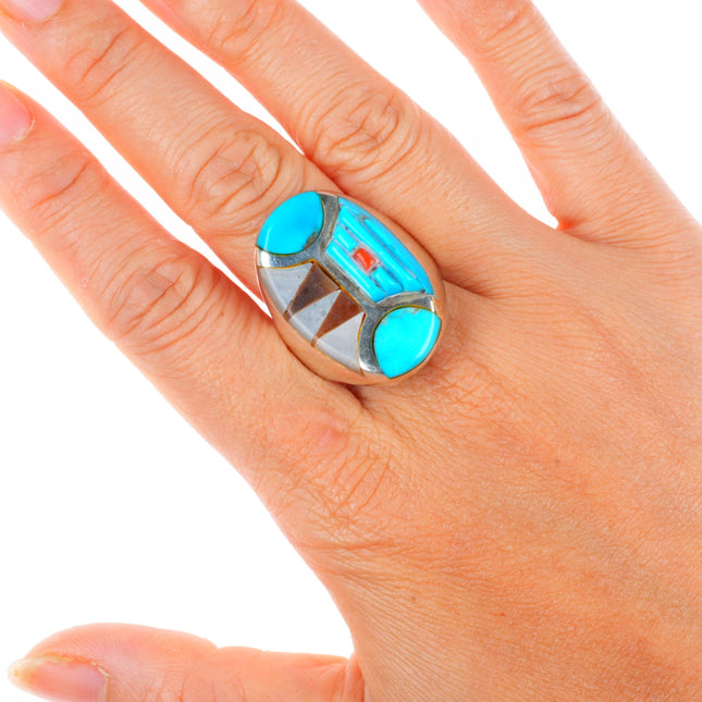 sz11 Big vintage Native American sterling silver cobblestone/intarsia inlay ring