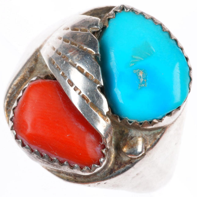 sz11 vintage Zuni sterling silver turquoise and coral men's ring