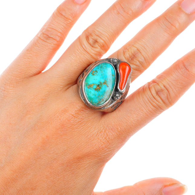 sz11.25 Large vintage Navajo sterling silver turquoise and coral men's ring