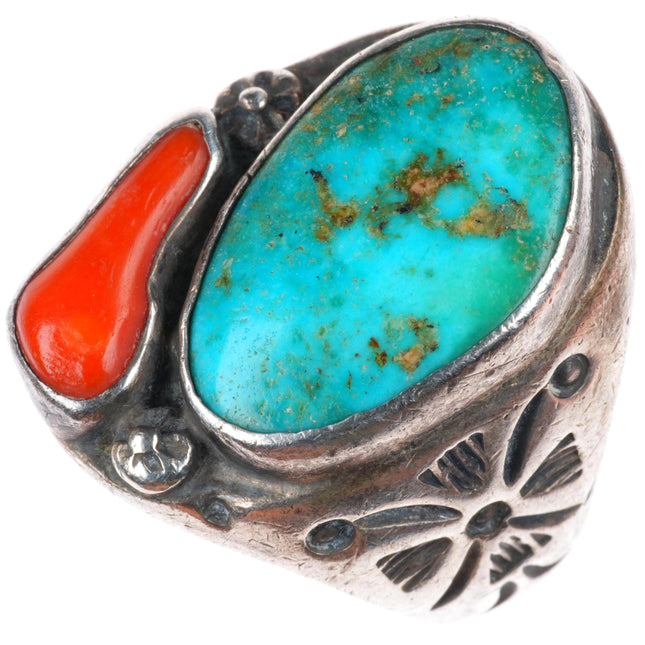 sz11.25 Large vintage Navajo sterling silver turquoise and coral men's ring