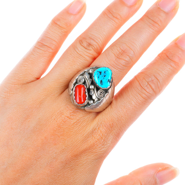 sz11 Big vintage Navajo sterling silver turquoise and coral men's ring
