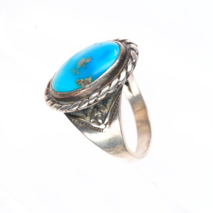 sz13 vintage Navajo sterling silver rope bezel stamped sides turquoise ring
