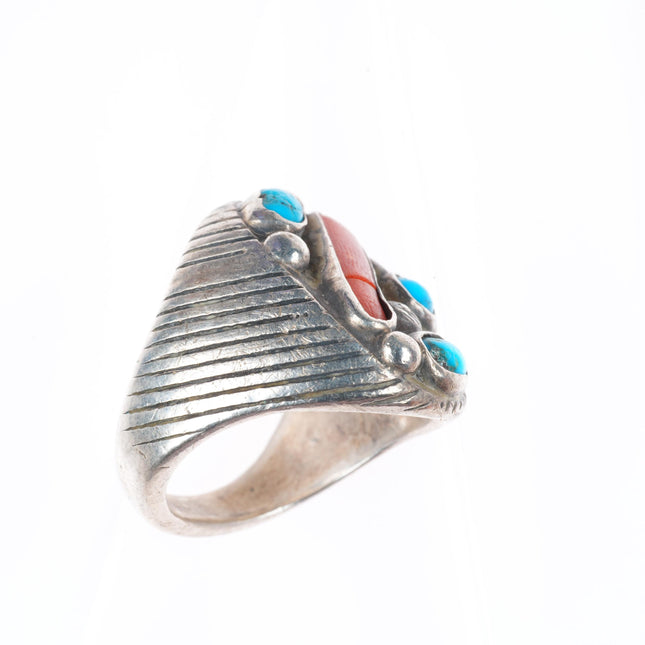 sz9.25 vintage Native American sterling silver turquoise and coral ring