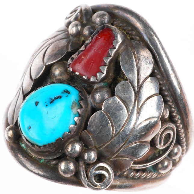 sz11 vintage Yazzie Navajo sterling silver turquoise and coral men's ring