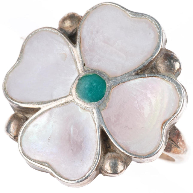 sz7.5 vintage Zuni sterling silver turquoise/shell dogwood inlay ring