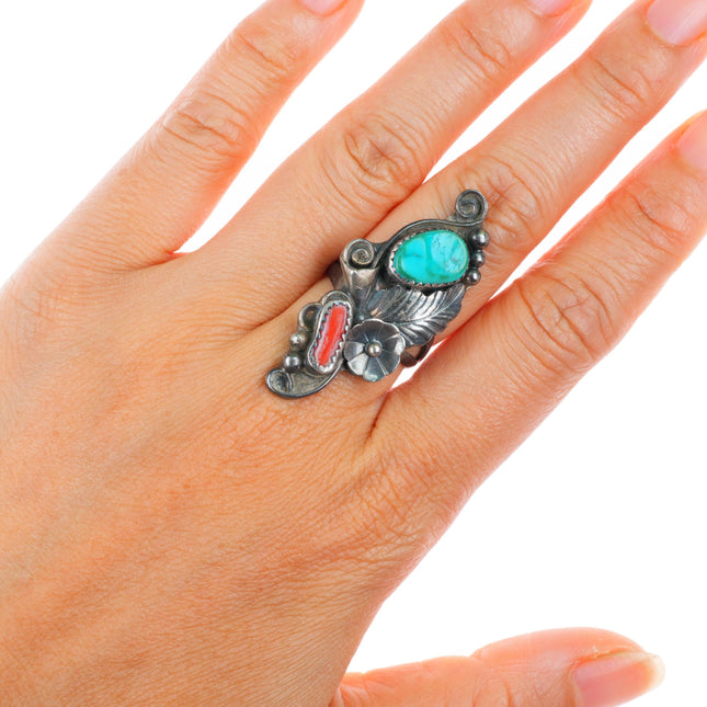 sz7.5 vintage Phil Chapo Navajo sterling silver turquoise and coral long ring